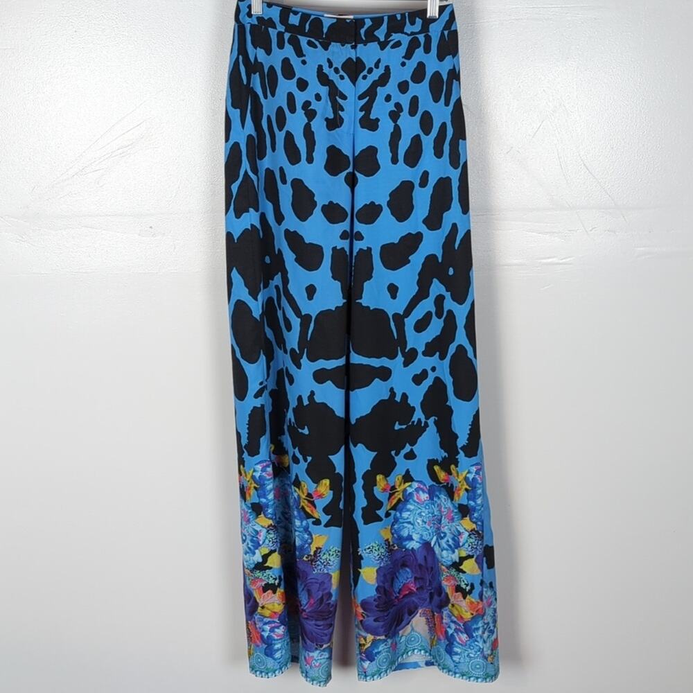 Blue & Black Wide-Leg Floral Border Pants